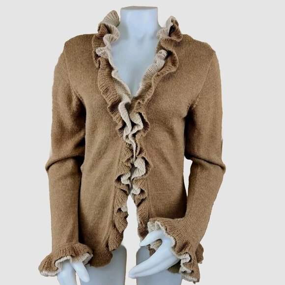 Baby Alpaca Sweater Womens L Beige Brown Ruffled Long Sleeve Cardigan Peru Fibra - Picture 1 of 10